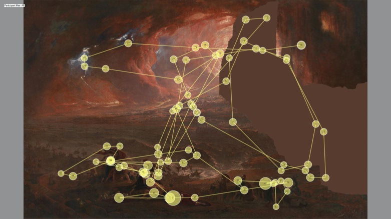 Figure 2: Gaze scanpaths for one participant viewing the Neutral
        Infill restoration (left) and full restoration (right) of the painting.
        Dots represent fixations; lines represent saccades.