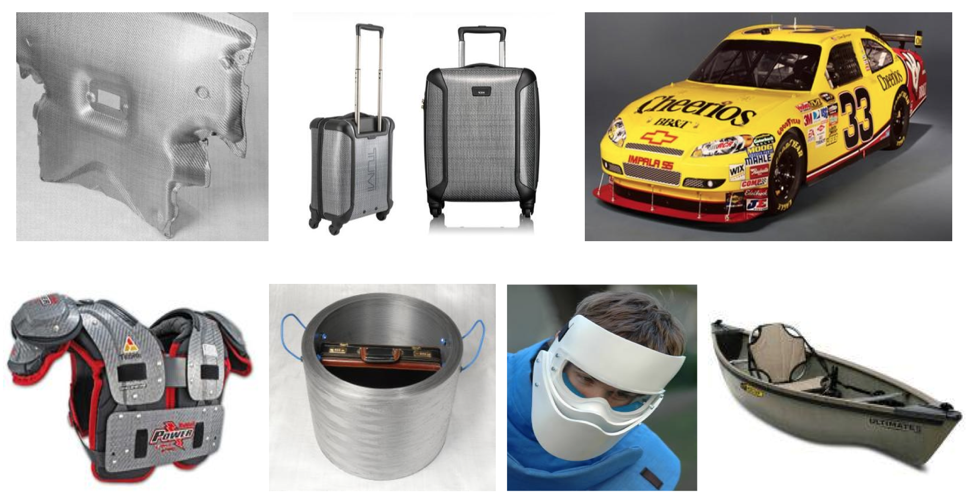 Self-reinforced polypropylene composites based on co-extruded tape technology (PURE and Tegris) are
being used for a wide range of applications incl. (from top left to bottom right) automotive undershields,luggage, motor racing parts, protective sports gear, bomb baskets, de-mining mask and kayaks.