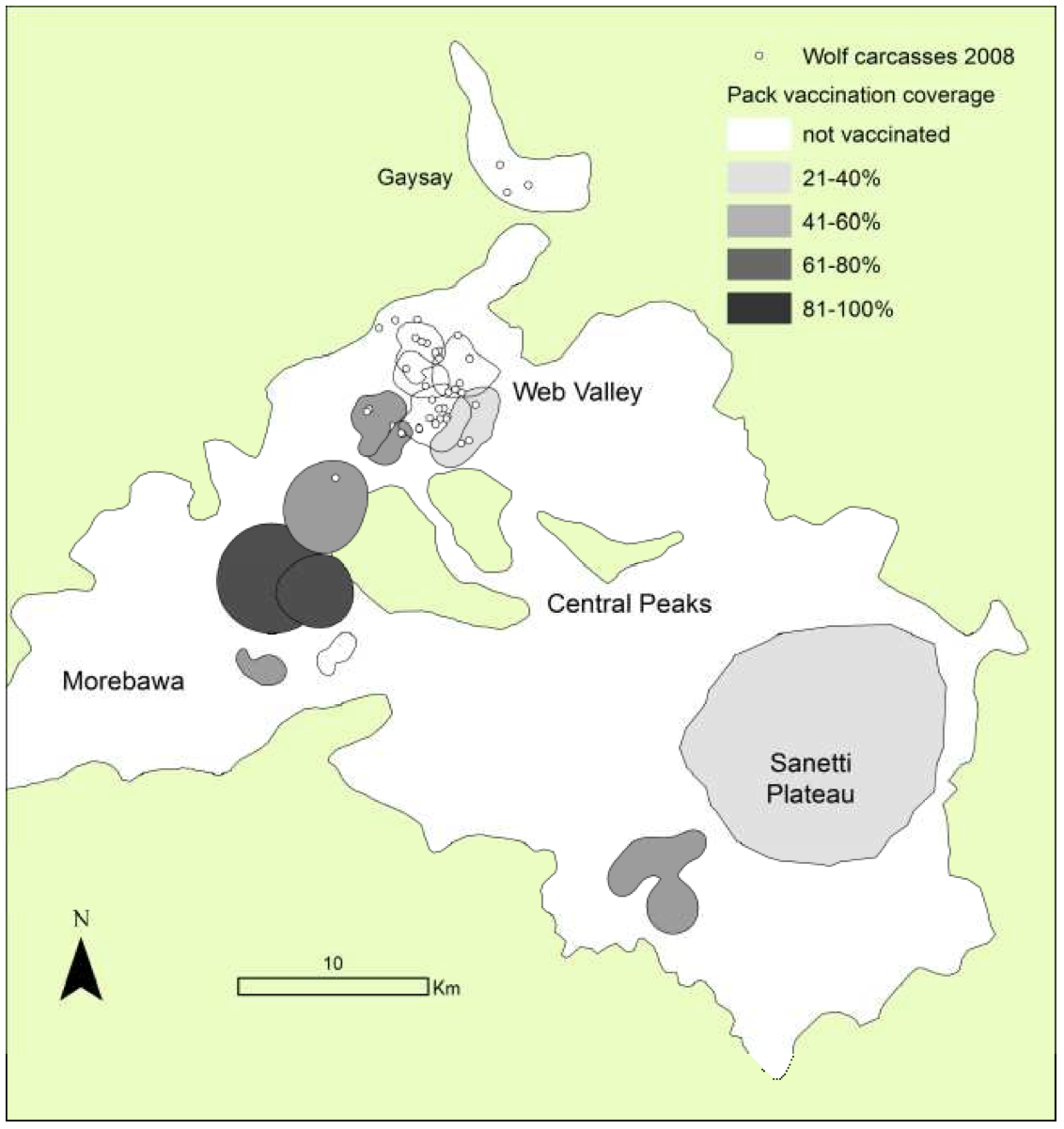 Figure 1: Distribution of wolf carcasses found in 2008 in relation to historical pack vaccination coverage. As predicted by modelling low
coverage vaccination in surrounding packs was effective in restricting the spread of rabies outside the initial
outbreak in Web Valley in 2008.