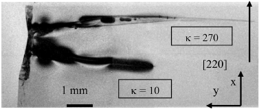 Fig 2: XRDI of dual cracks emanating from a single edge defect (left). The crack propagation condition is directly determined by the ratio, κ, of its length to tip width as in the XRDI image [3]