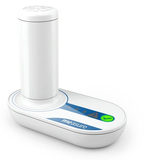 Figure 1: ModeDx, Left, measure® BOWEL HEALTH is a hand-held biosensor for measuring faecal occult blood; Right, schematic showing an exploded view of the faecal sampling interface to the biosensor device.