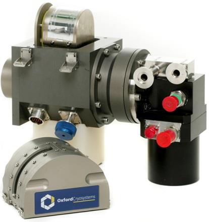 Figure: N-HeliX (far left) and pHeniX (middle) cryostats
        commercialised by Oxford Cryosystems [2,3]; Olex2 and
        Topas Academic crystallography software (right).