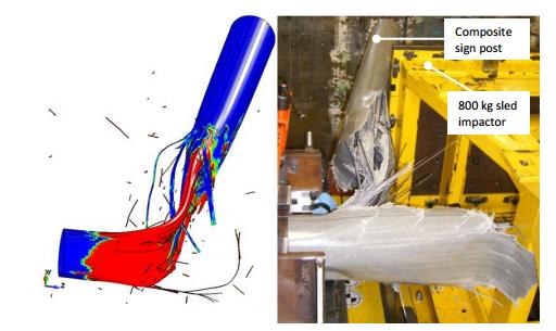 Figure 1: Finite element model showing material behaviour of sign post
        under crash conditions (left); Physical crash test of same material
        performed at UoN labs (right). Note: excellent replication of model by
        physical test.