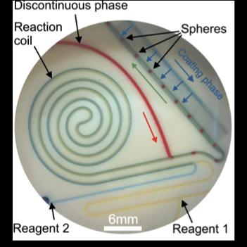 Microsphere production chip. Reagents 1 and 2
      are precision delivered through flat capillaries, in which they are
      incubated within a reaction coil. After this they are interfaced with an
      immiscible discontinuous phase, thus causing the formation of droplet
      microspheres, which are then coated.