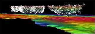 Sonar image: the seafloor is in colour shaded by depth and the icebergs
      are 'hanging' in the water column.