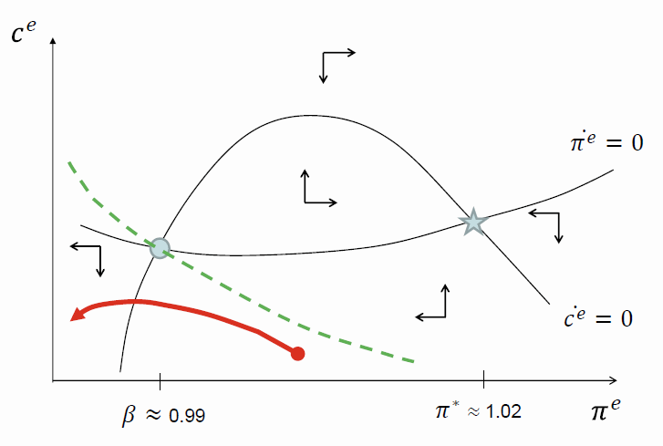 Divergent paths can result from large
      negative expectation shocks.