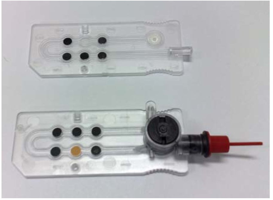 Figure 2 OPTI cassettes sold by Optimedical Inc
(www.optimedical.com). The black spots carry the
appropriate sensor molecules covalently attached.