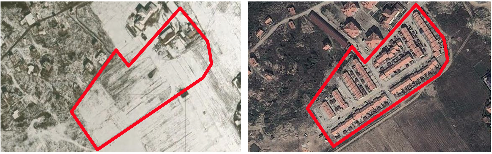 Figure 1: Air photographs of the Roma Mahalla site prior to development (left image - snow-covered in March 2005), and post development (right image - September 2011). The red box demarcates the development site boundary. Images courtesy of Google Earth.