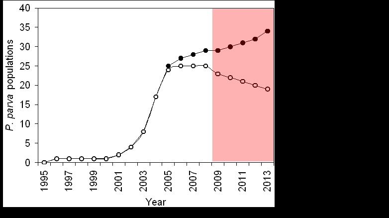 Fig. 1. The number of populations of Pseudorasbora parva
      detected in the w ild in England and Wales over time (•) and the
      actual number (•); the difference in number is due to Environment Agency Pseudorasbora
        parva eradication operations that
      were triggered by BU research findings. The shaded box signifies the
      2008-13 impact period.