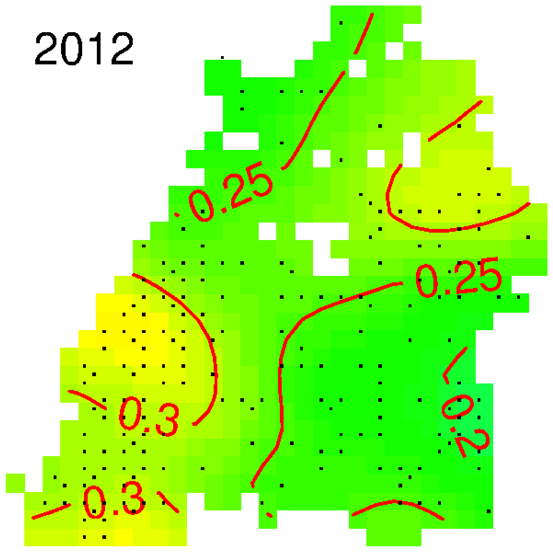 Figure Temporal (left) and spatial (right) estimates of
      spruce tree health, indicated by defoliation in
      the crown. Left: temporal trend estimates from the traditional
        method are the red triangles with
      95% confidence intervals; temporal trend estimates from the new method
      with age as observed and
      standardised for age are the black circles and the blue crosses
      respectively, both with Bayesian
      95% confidence bands. Right: spatial maps for spruce of median
      age, unobtainable with the
      traditional method. The black dots indicate the sampling locations, the
      red isolines indicate the level
      of defoliation in the crown (yellow is high defoliation of at least 30%,
      green is medium defoliation at
      25%).