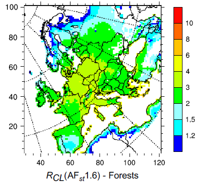 Fig 1. Comparison of concentration and flux based exceedance of
      critical levels (CLs) (levels
      below which ecosystem protection is ensured according to current
      knowledge) for European
      forests (Simpson et al., 2007) where values ≤ 1 represent no risk of
      damage and those > 1
      represent risk of damage.