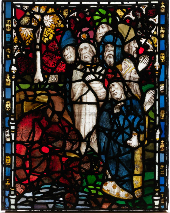 East Window panel 7j, before and after restoration. (Photo: York
        Glaziers Trust, Courtesy Dean and Chapter of York)