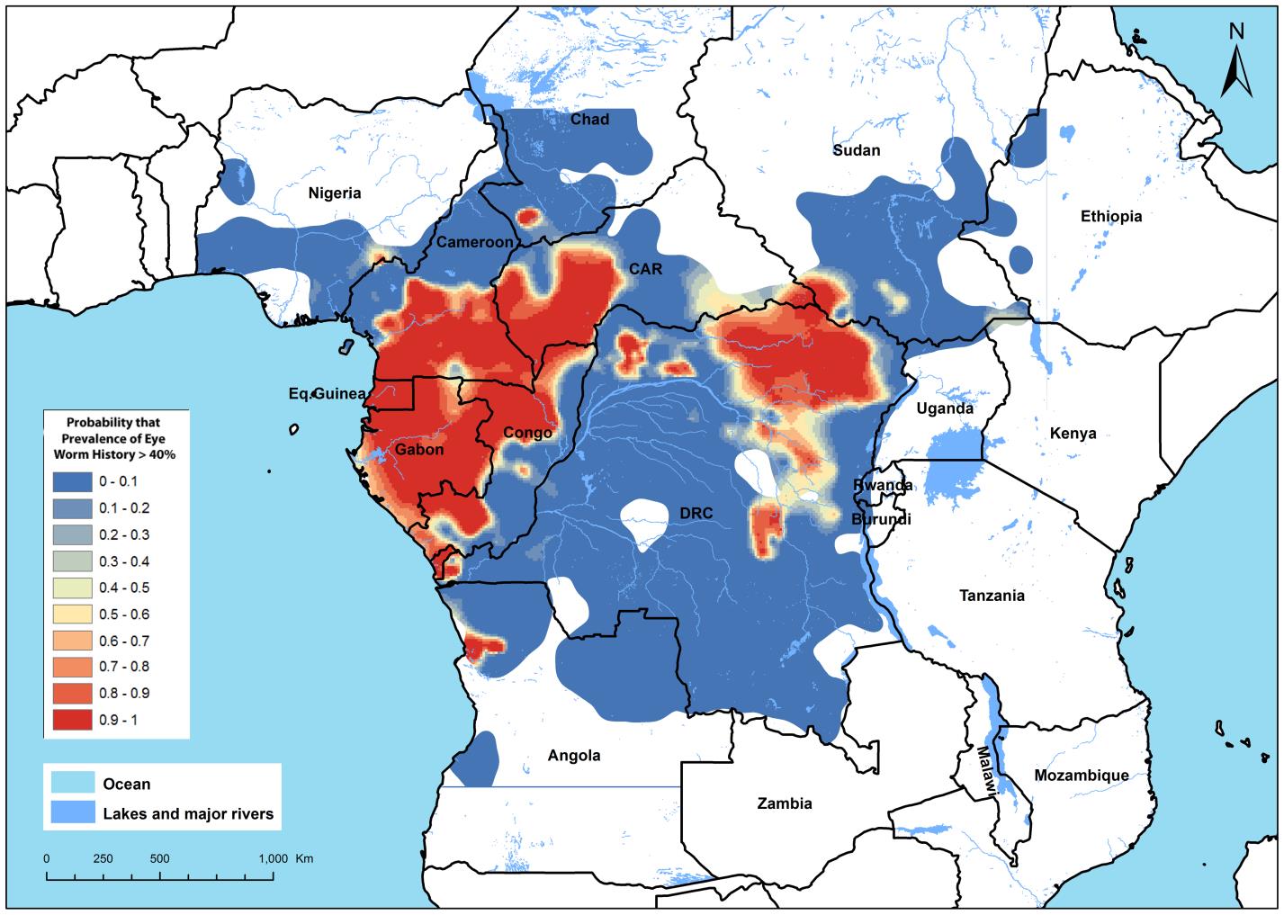 Figure 1. Loiasis (eye-worm) risk-map. The mapped variable is the
      predictive probability that
      Loiasis prevalence as determined by questionnaire exceeds 40%, defined by
      WHO to be 