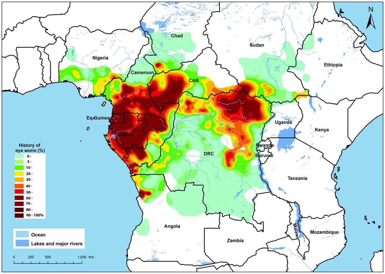 Figure 2. Map of the estimated prevalence of eye worm history in Africa.
      Map reproduced in
      