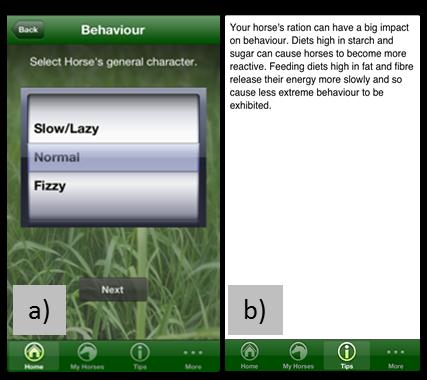 Figure 1. horseRATION behavioural profiling screen a) input unit b) owner feedback example