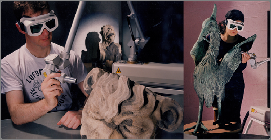 Laser cleaning at Loughborough left: Martin
    Cooper laser cleaning gargoyles of Lincoln
    Cathedral, right: Dr. Pouli Paraskevi and a
    Liver bird
