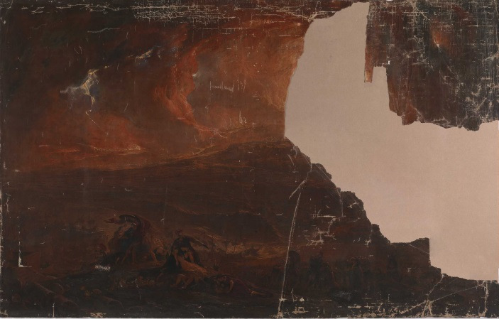 Figure 1: Left = John Martin's The Destruction of Pompeii
          and Herculaneum before treatment. Right = Tate conservator
        hand-restoring the painting based on the life-sized digital composite
        (displayed to the right). Photograph courtesy of Sunday Times (published
        Sunday 4th September, 2011).