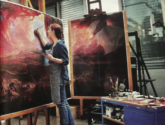 Figure 1: Left = John Martin's The Destruction of Pompeii
          and Herculaneum before treatment. Right = Tate conservator
        hand-restoring the painting based on the life-sized digital composite
        (displayed to the right). Photograph courtesy of Sunday Times (published
        Sunday 4th September, 2011).